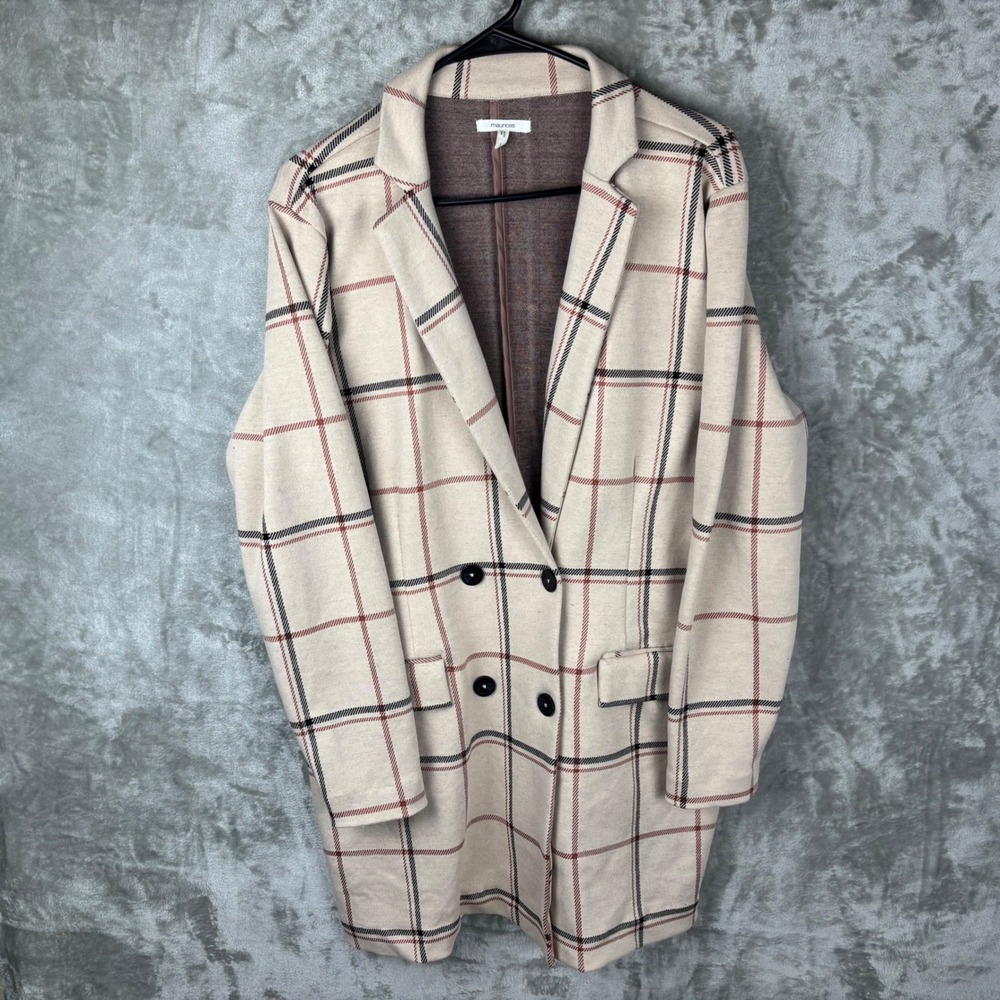 Beige Plaid‎ Long Coat Womens Large Preppy Old Money Double Breasted Jacket Chic
